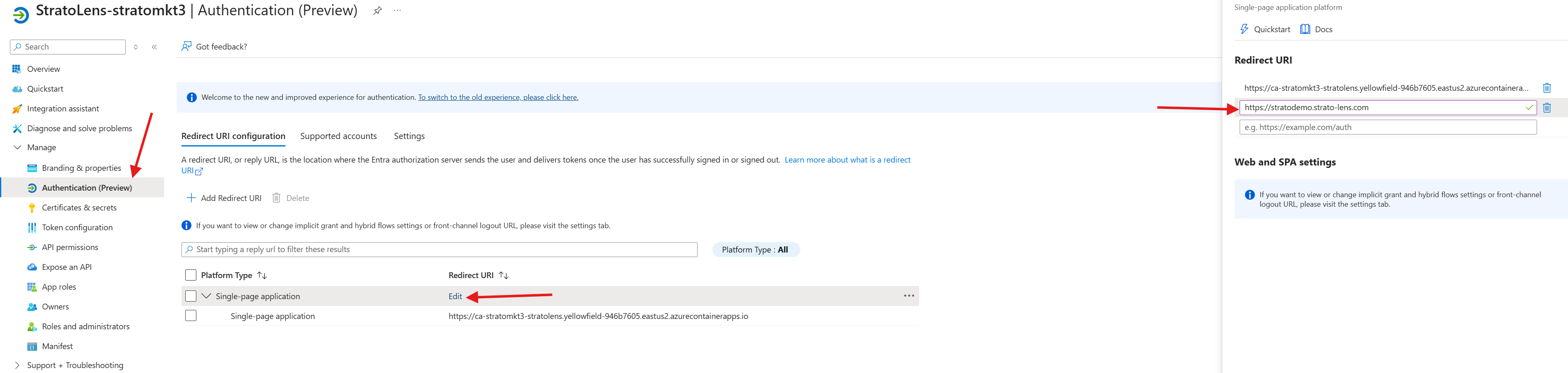 Azure Portal showing the StratoLens app registration Authentication blade with the Single-page application section in edit mode and a custom domain URL being added below the existing Container Apps URL