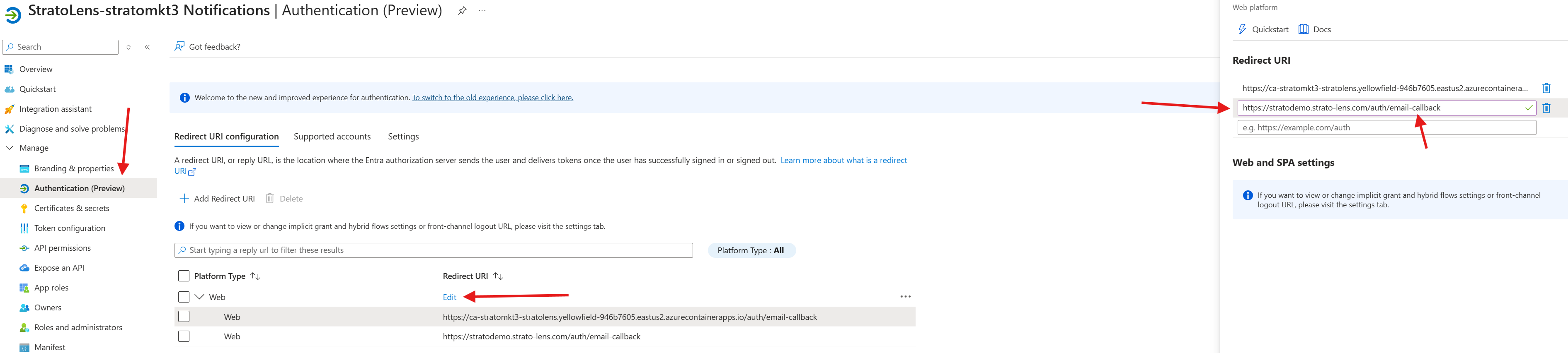 Azure Portal showing the StratoLens Notifications app registration Authentication blade with the Web section in edit mode and a custom domain email callback URL being added below the existing Container Apps URL