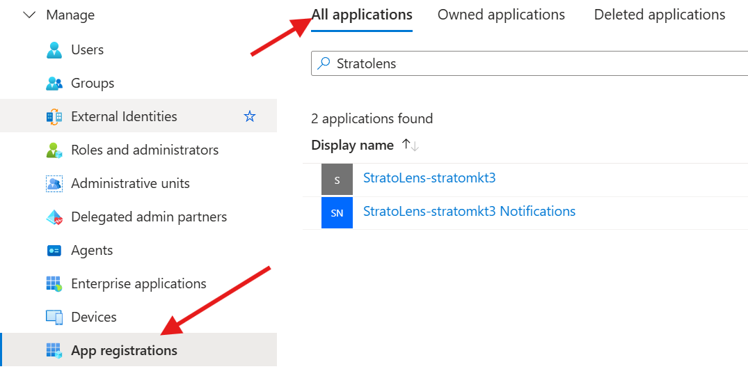 Azure Portal App registrations page filtered to All applications with a search for StratoLens, showing both the StratoLens and StratoLens Notifications app registrations