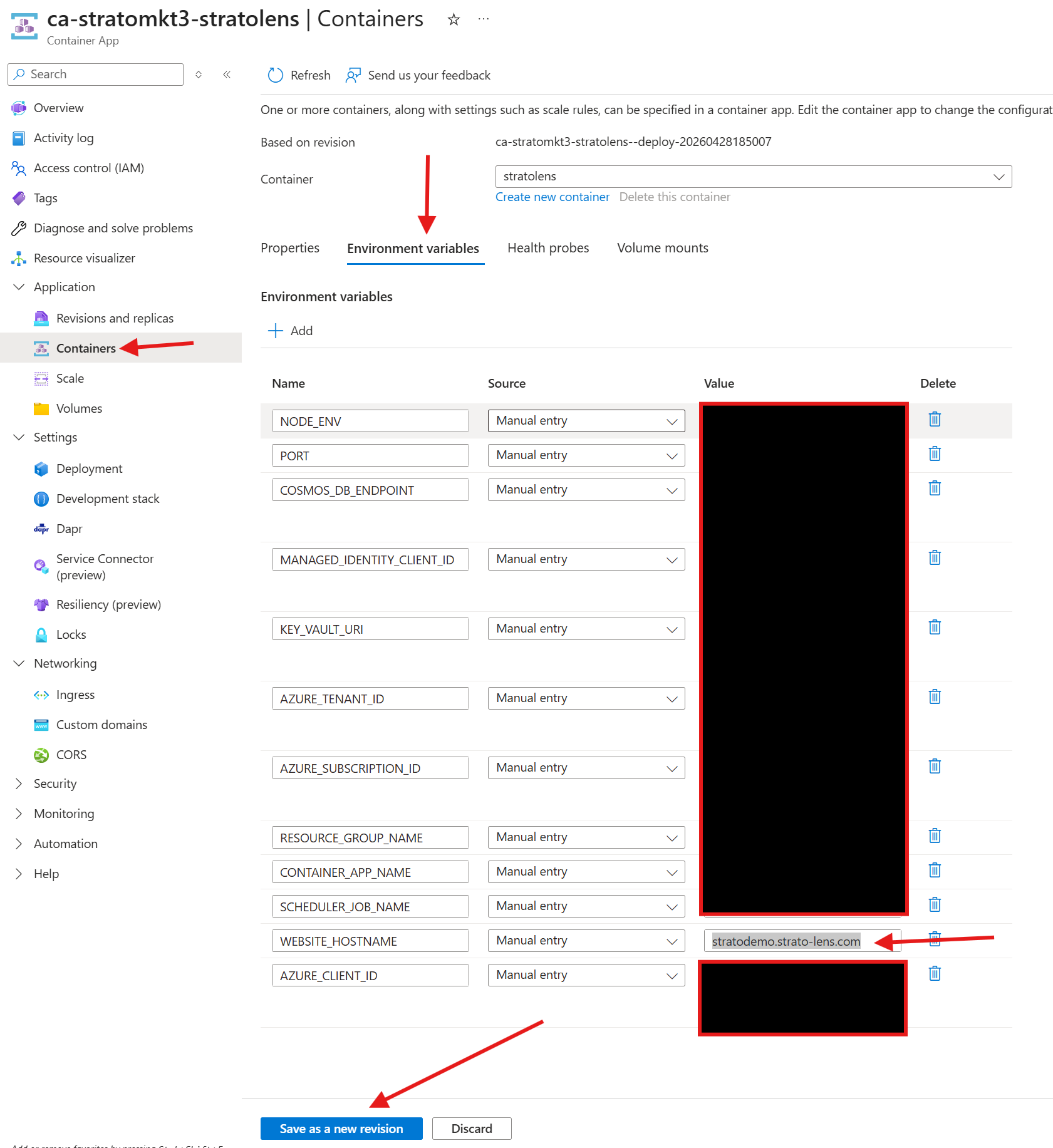 Azure Portal Container App page with Containers selected in the left sidebar and the Environment variables tab open, showing WEBSITE_HOSTNAME being updated to the custom domain hostname