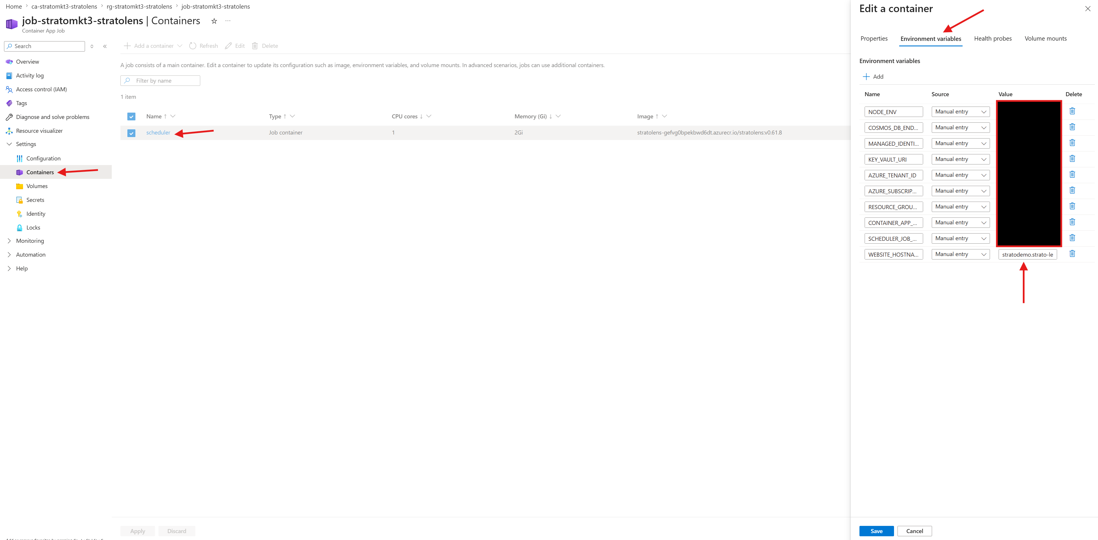 Azure Portal Container App Job page with Containers selected in the left sidebar and the Environment variables tab open, showing WEBSITE_HOSTNAME being updated to the custom domain hostname