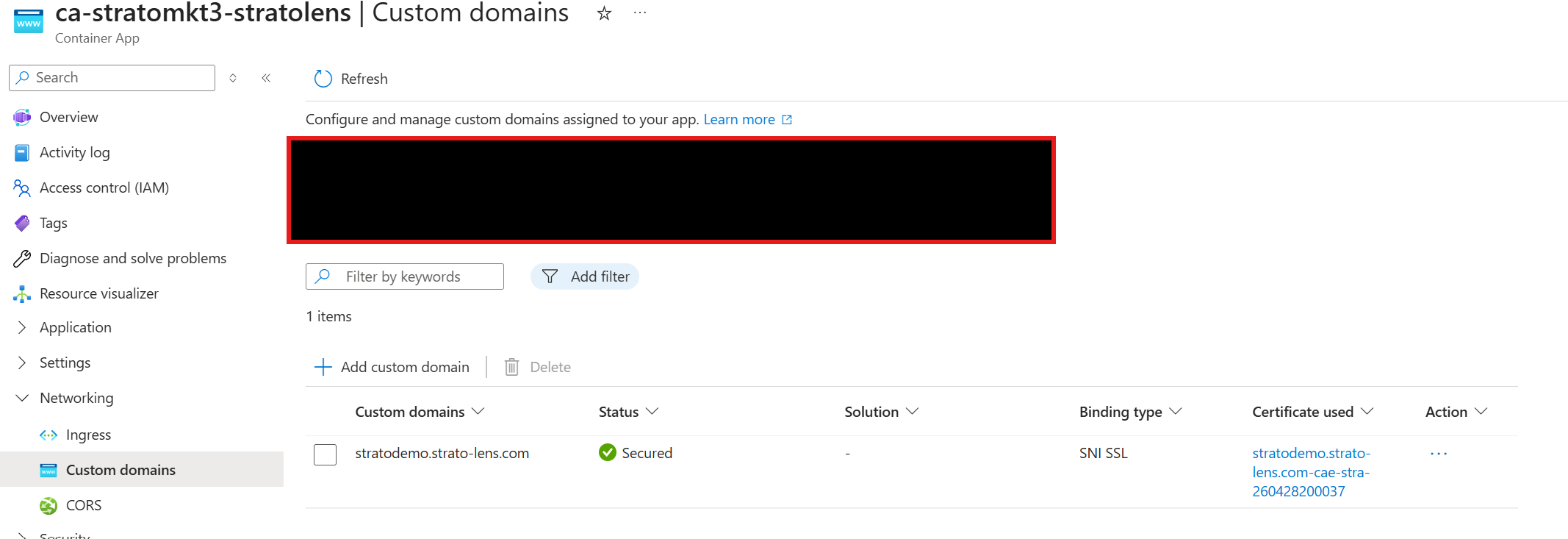 Azure Portal Container App Custom domains blade showing a custom hostname bound to the Container App with a valid managed certificate