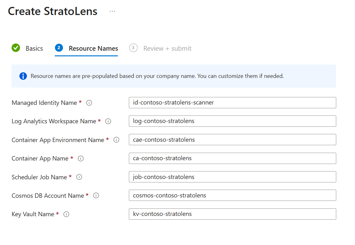 Create StratoLens wizard, Resource Names tab with pre-populated names for Managed Identity, Log Analytics Workspace, Container App Environment, Container App, Scheduler Job, Cosmos DB Account, and Key Vault