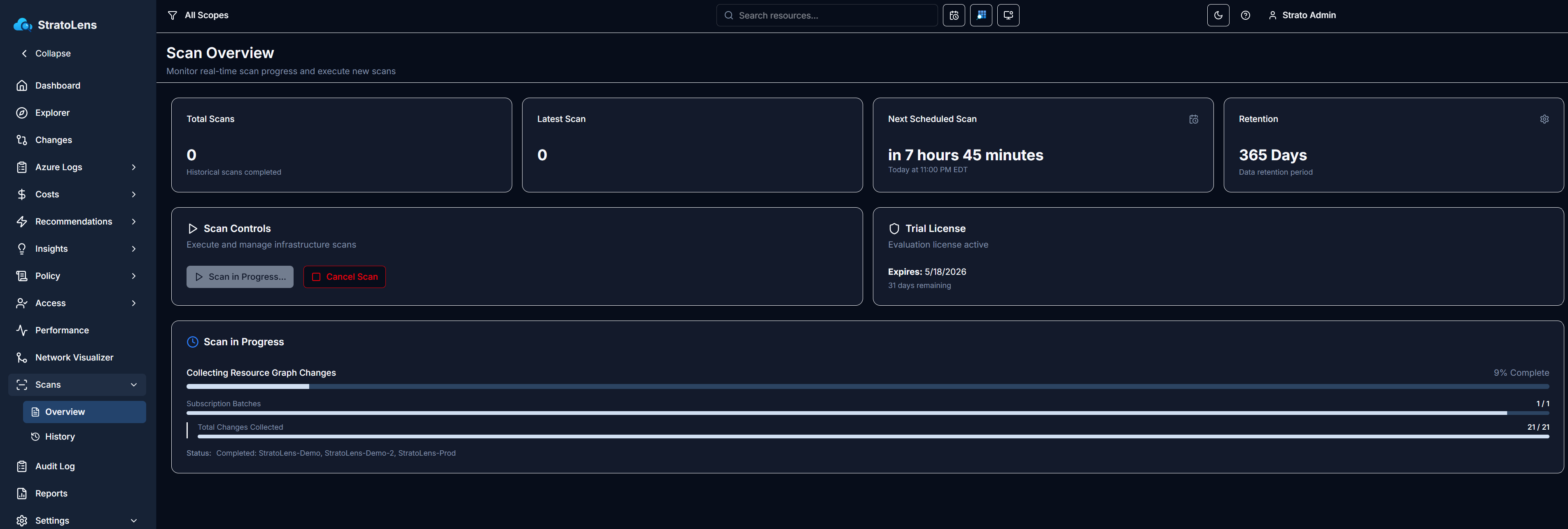 Scans Overview page with a Scan in Progress panel showing Collecting Resource Graph Changes, Subscription Batches 1/1, Total Changes Collected 21/21, and percent complete