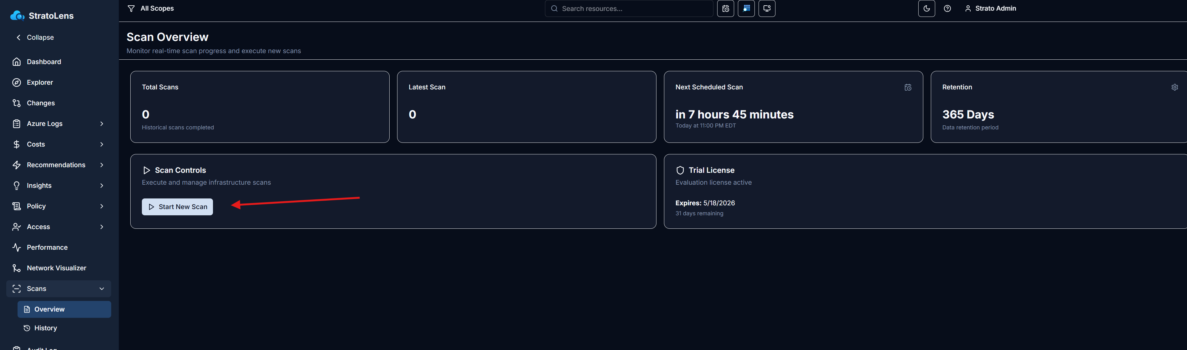 Scans Overview page with a red arrow pointing to the Start New Scan button under Scan Controls