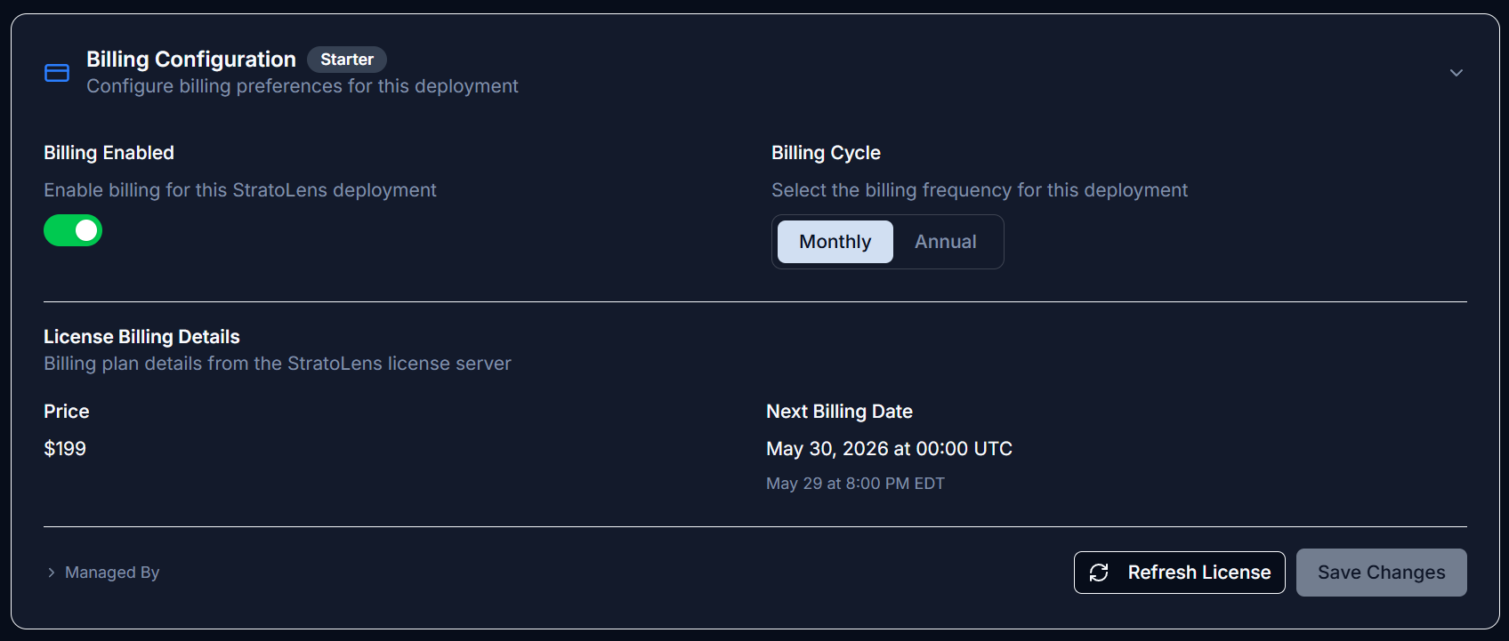Billing Configuration card on Settings > General showing the Billing Enabled toggle (on), Billing Cycle set to Monthly, Starter plan, $199 price, and a Next Billing Date of May 30, 2026