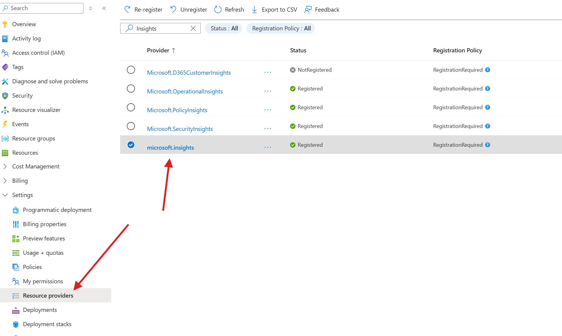 Azure Portal subscription Resource providers page with Microsoft.Insights filtered and selected, showing the Re-register, Unregister, and Refresh toolbar buttons at the top